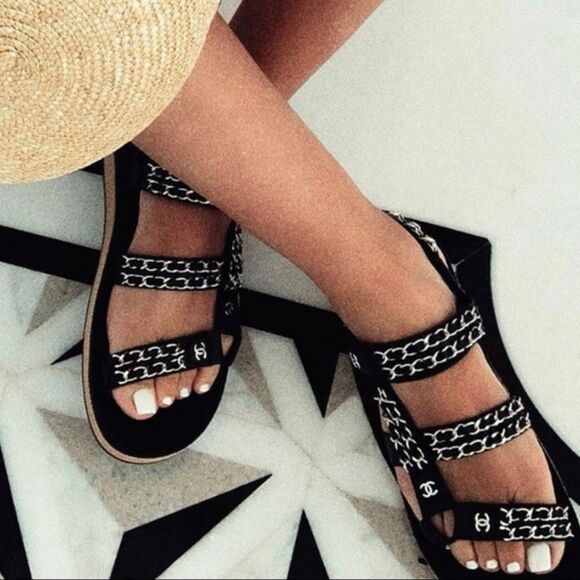 CHANEL 2022 Black Chain Interlocking CC Dad Sandals Size 40 Open Toe Slingback - Picture 15 of 15
